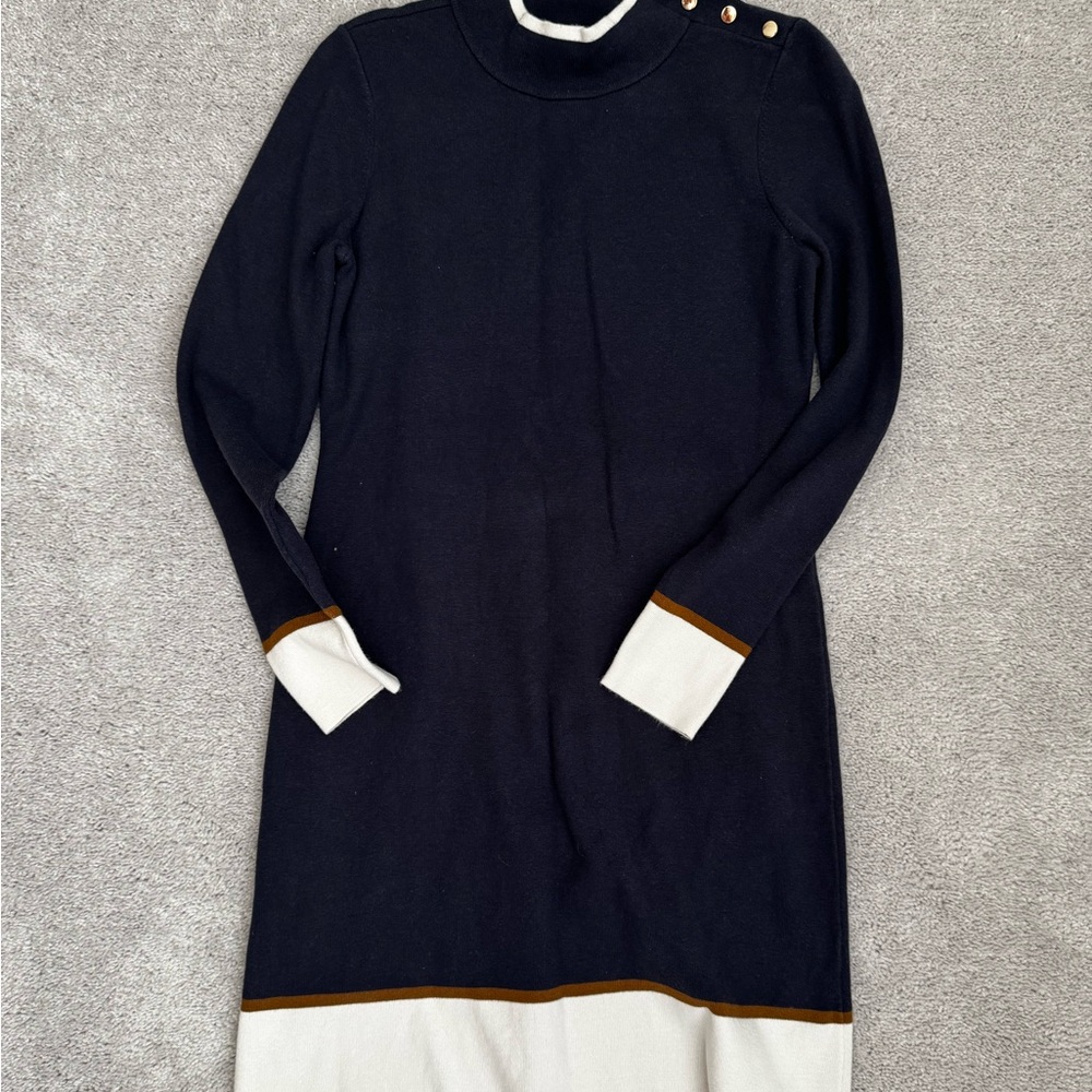 Ann Taylor Navy and Cream Long Sleeve Dress